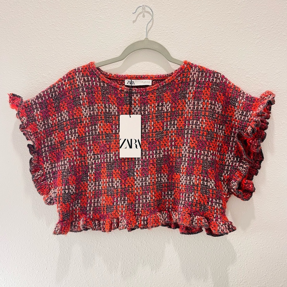 ZARA METALLIC ruffled sleeve tweed knit crop top  | S and M sizes| vintage